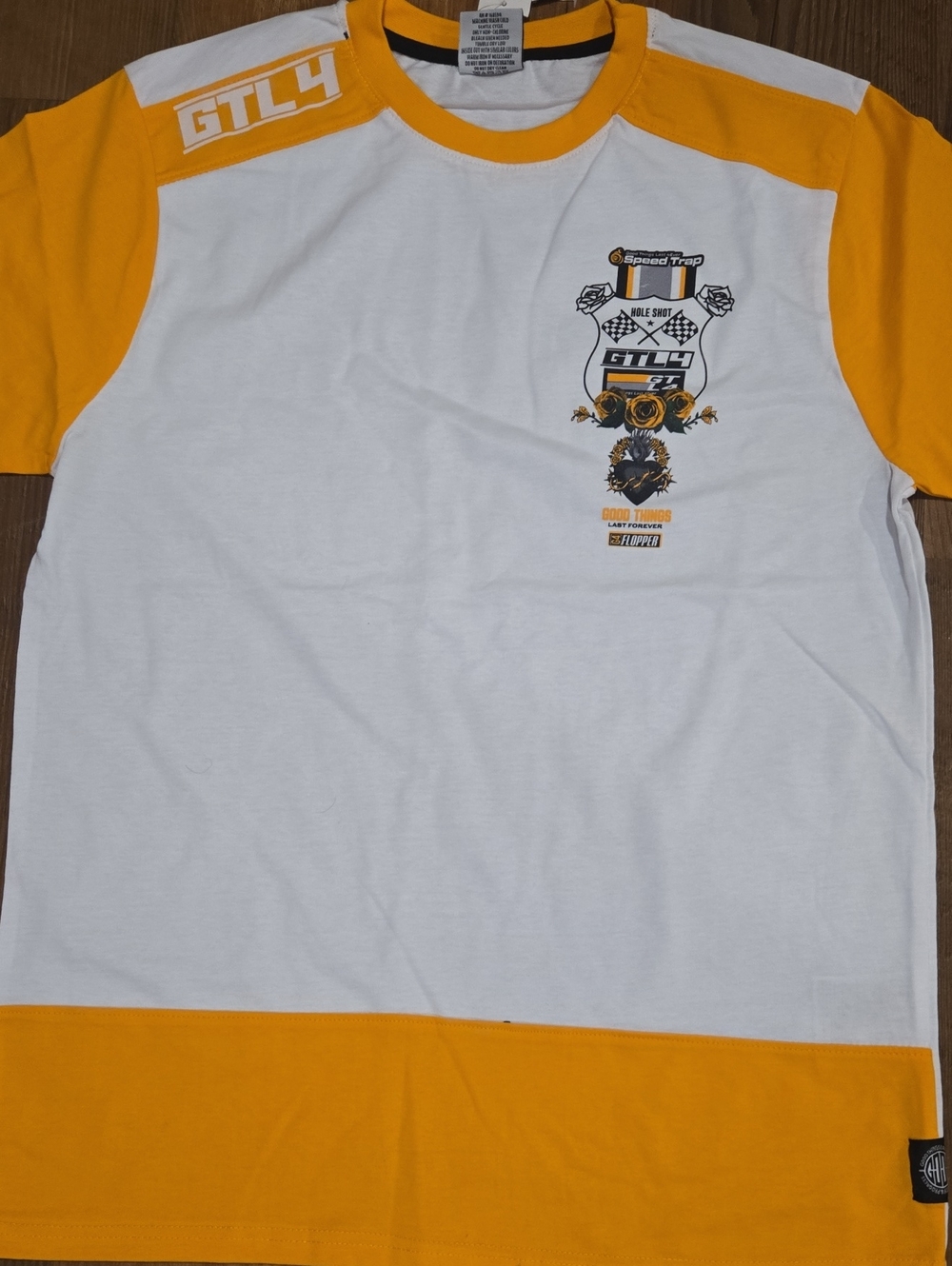 White and Yellow Graphic Tee with Crest Logo